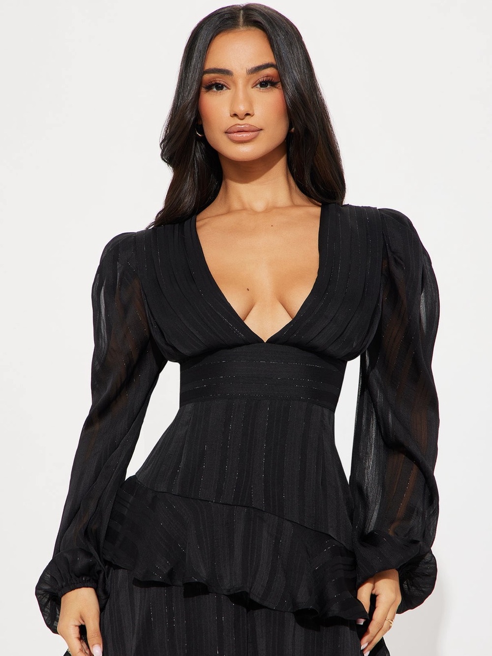Black V-Neck Long Sleeve Ruffle romper